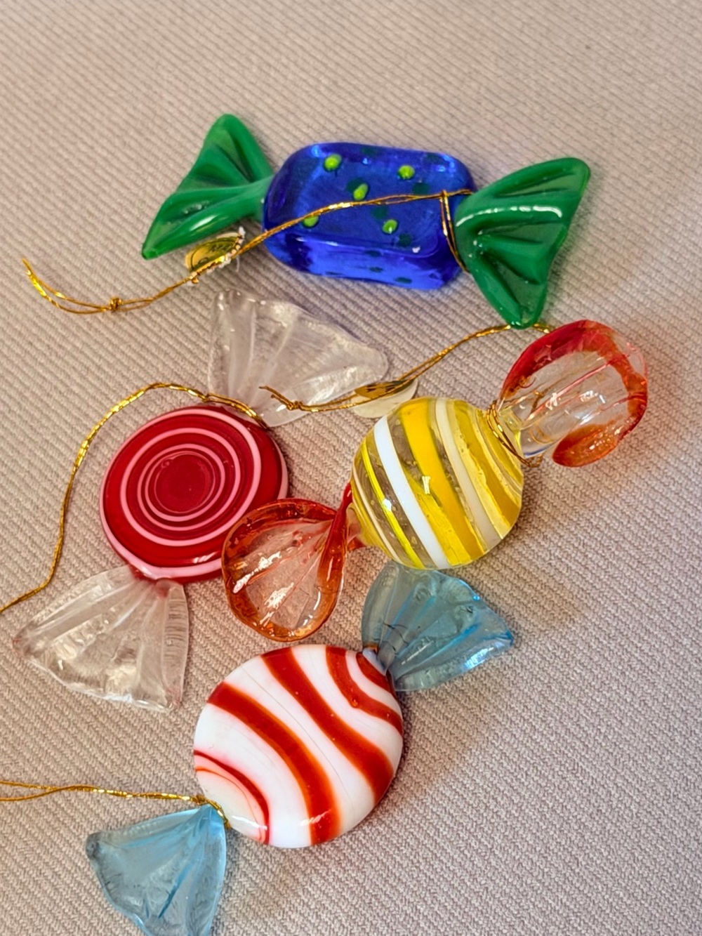 Colorful Glass Candy Ornaments - Red, Yellow, Blue, Green vintage